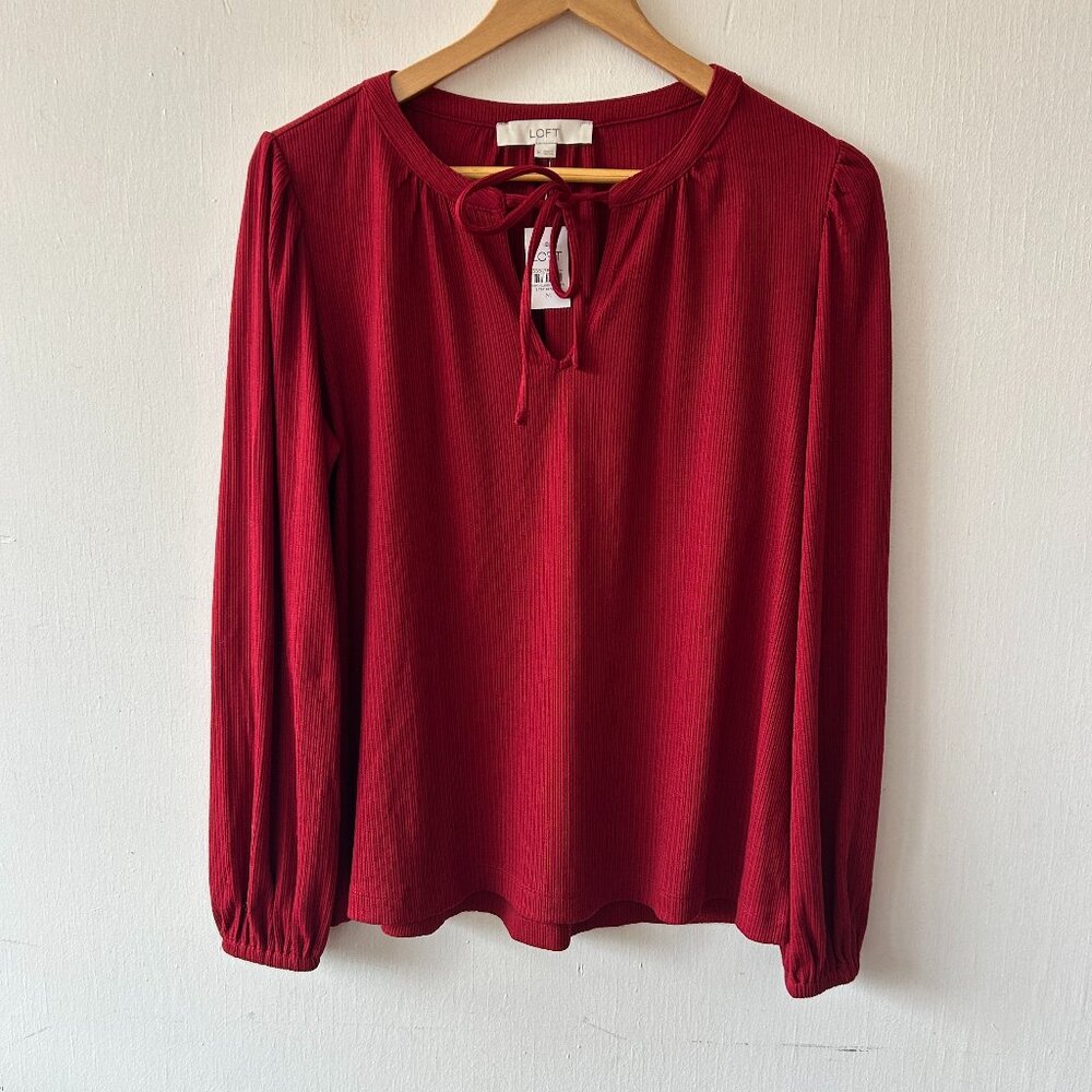 LOFT Long Sleeve Red Ribbed Blouse Womens Medium V-neck NWT Holiday Twee